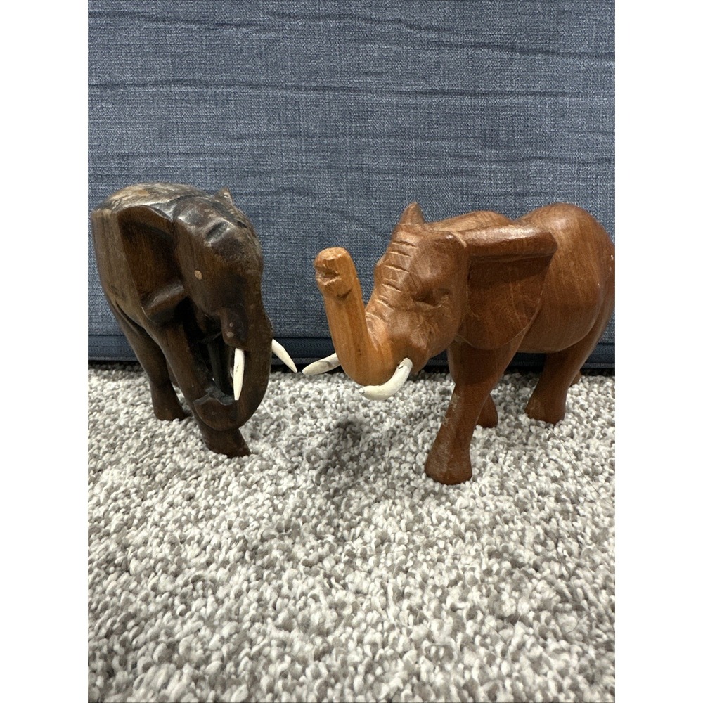2 Vintage Hand Carved Wooden Elephant Statues with Tusks - very nice solid wood‎